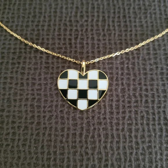 Rachel Zoe Black🖤 and White Checkered Enamel Heart♥️ Pendant Necklace - NWT - Picture 4 of 16